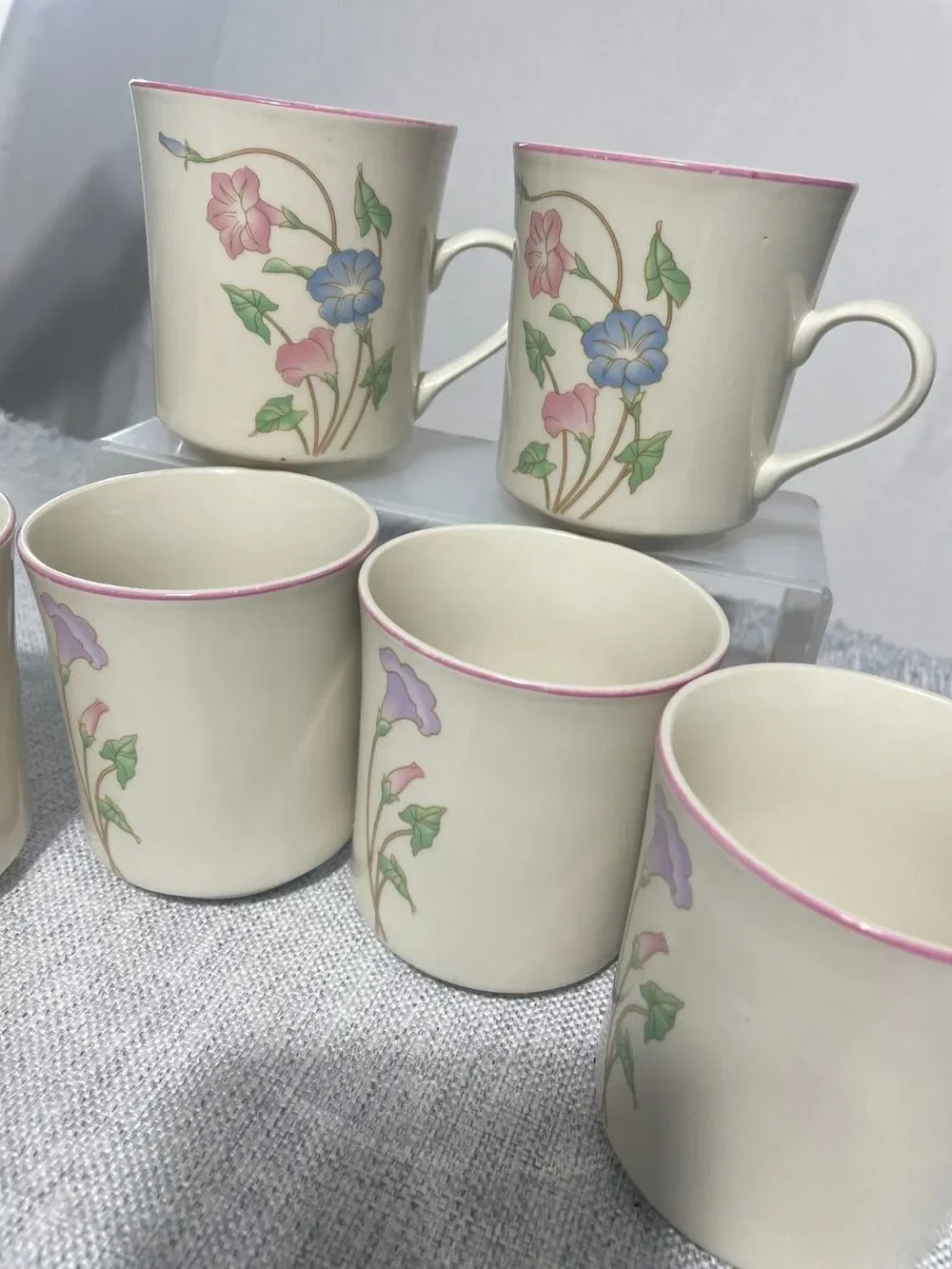 STONE WARE PRIMAVERA 8495 VINTAGE Pingk & Blue Floral‎ COFFEE MUGS SET/6 cups